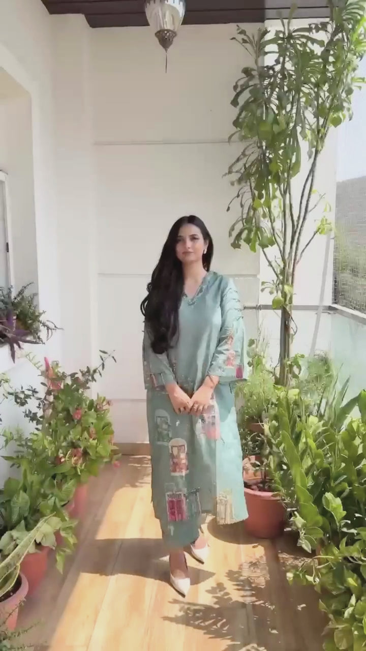 Printed Cotton Kurta & Pant - Hand Embroidered - Set of 2 - Dusty Green