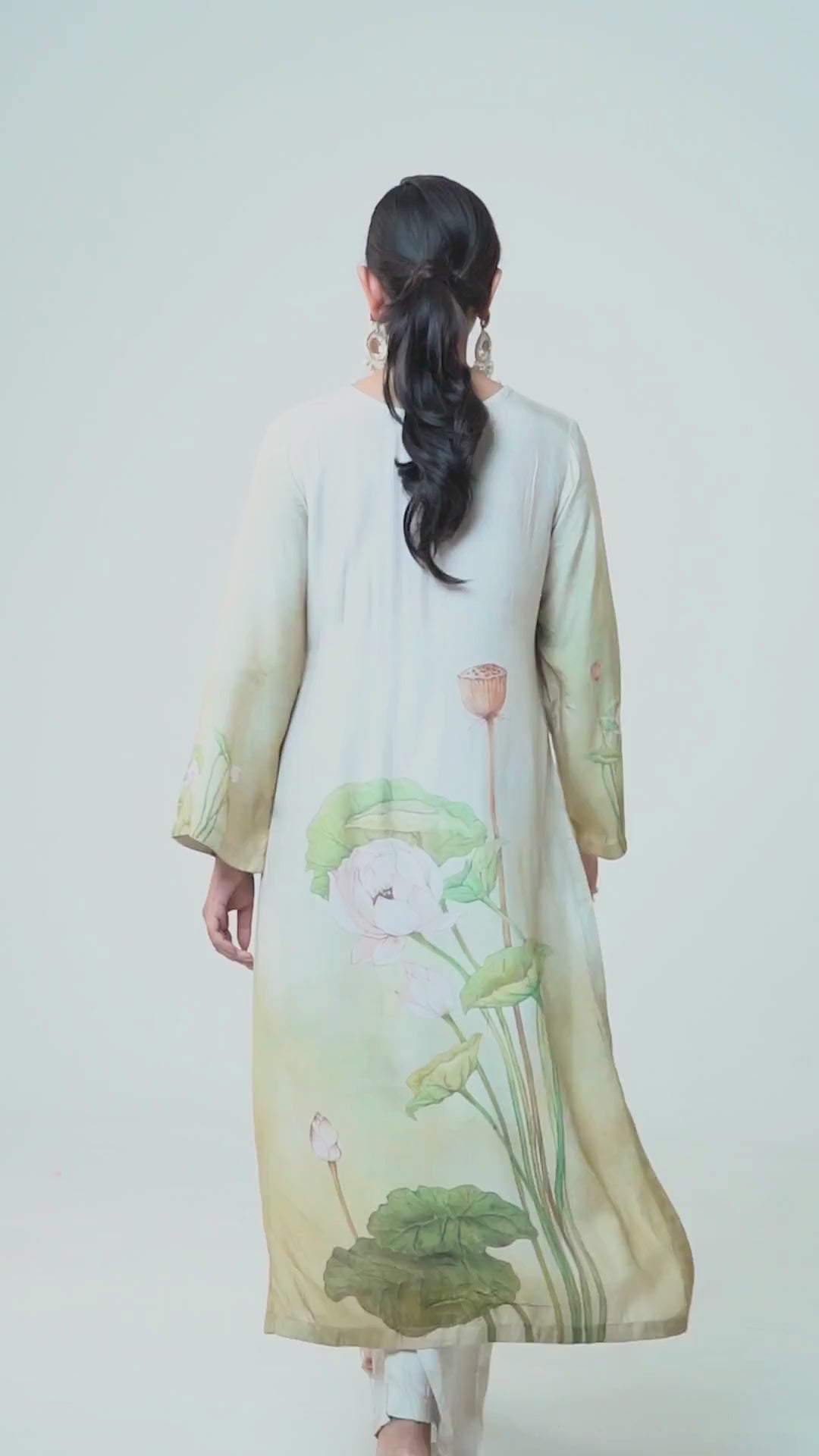 Floral Printed Kurta & Pant - Hand Embroidered - Set of 2 - Beige - Muslin Silk