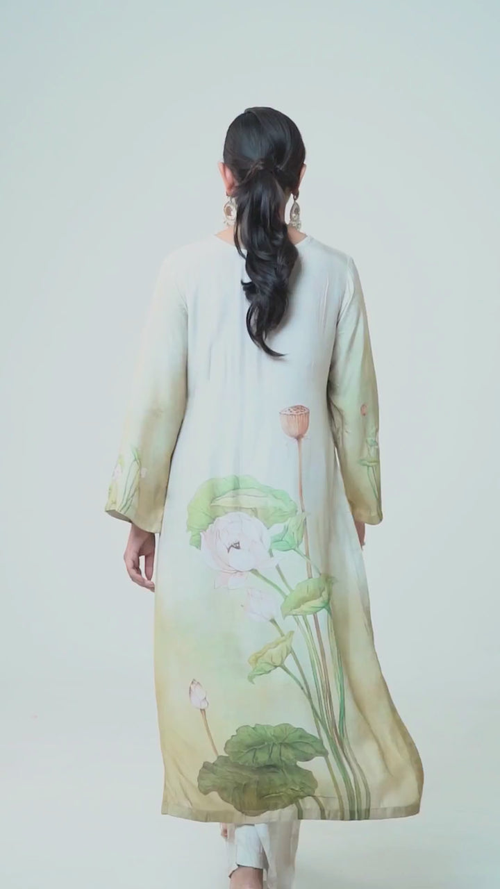 Floral Printed Kurta & Pant - Hand Embroidered - Set of 2 - Beige - Muslin Silk