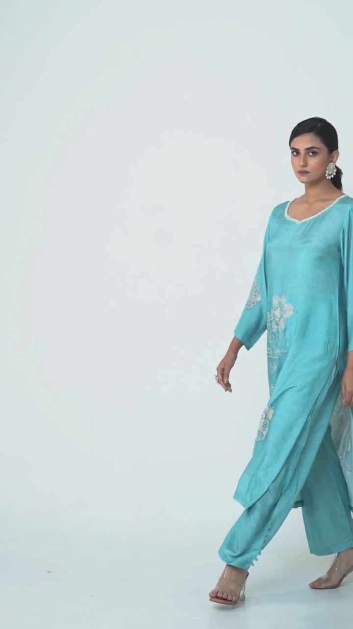 Floral Printed Kurta & Pant - Hand Embroidered - Set of 2 - Blue - Muslin Silk