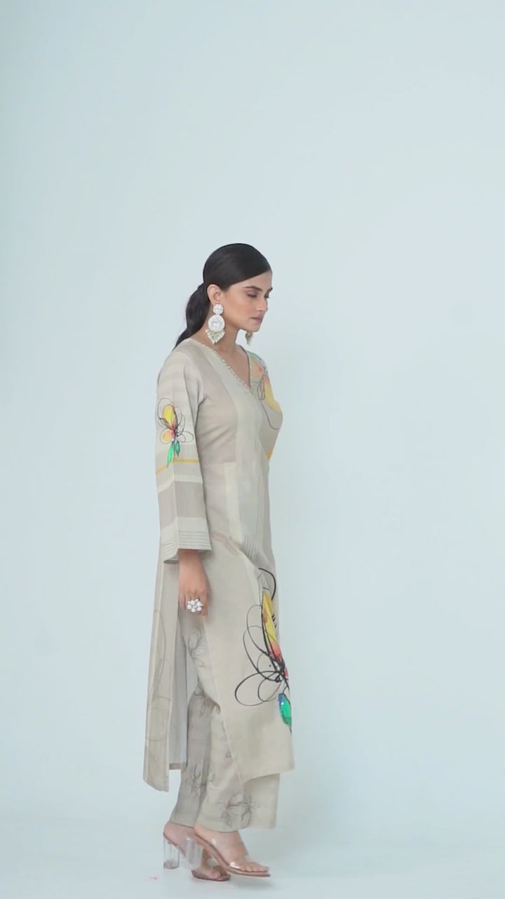 Floral Printed Kurta & Pant - Hand Embroidered - Set of 2 - Greenish Beige - Muslin Silk