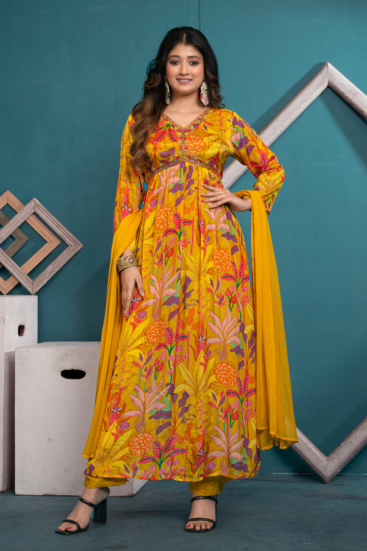 WOMEN'S FLORAL PRINTED - DABKA, DOREE, PEARL, SEQUIN & CUTDANA EMBROIDERED - PLEATED KURTA, PANT AND DUPATTA SET OF 3 - MUSTARD YELLOW