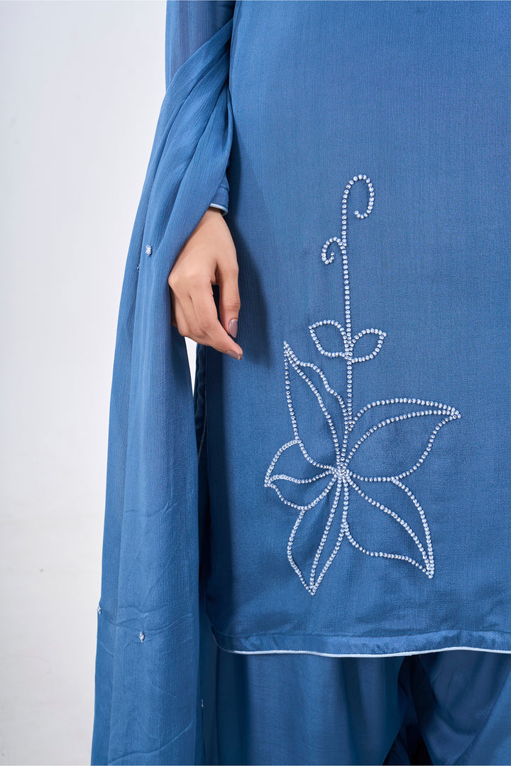 Handwork Suit Paired with Farshi Salwar - Set of 3 - Blue