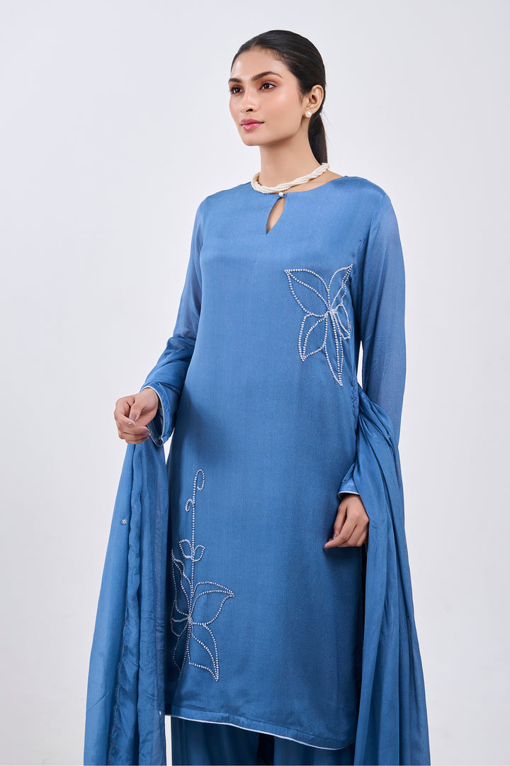 Handwork Suit Paired with Farshi Salwar - Set of 3 - Blue