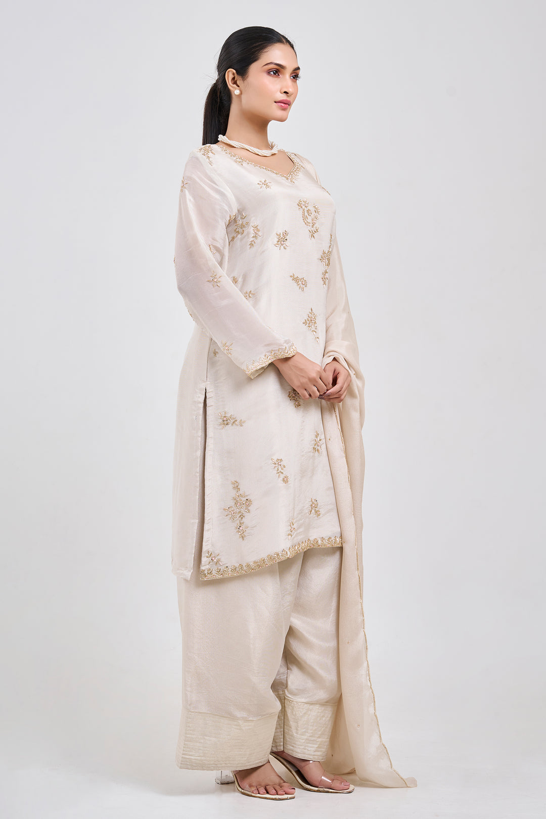 Hand Embroidered Suit Paired with Farshi Salwar - Set of 3 - Off-white