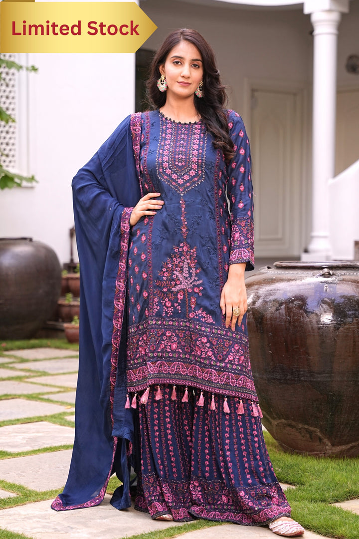 ETHNIC BLUE SHARARA SET FOR WOMEN - EMBROIDERED WITH RESHAM & HANDWORK - SET OF 3