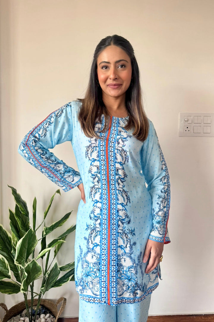 Printed Muslin Co-ord Set - Blue