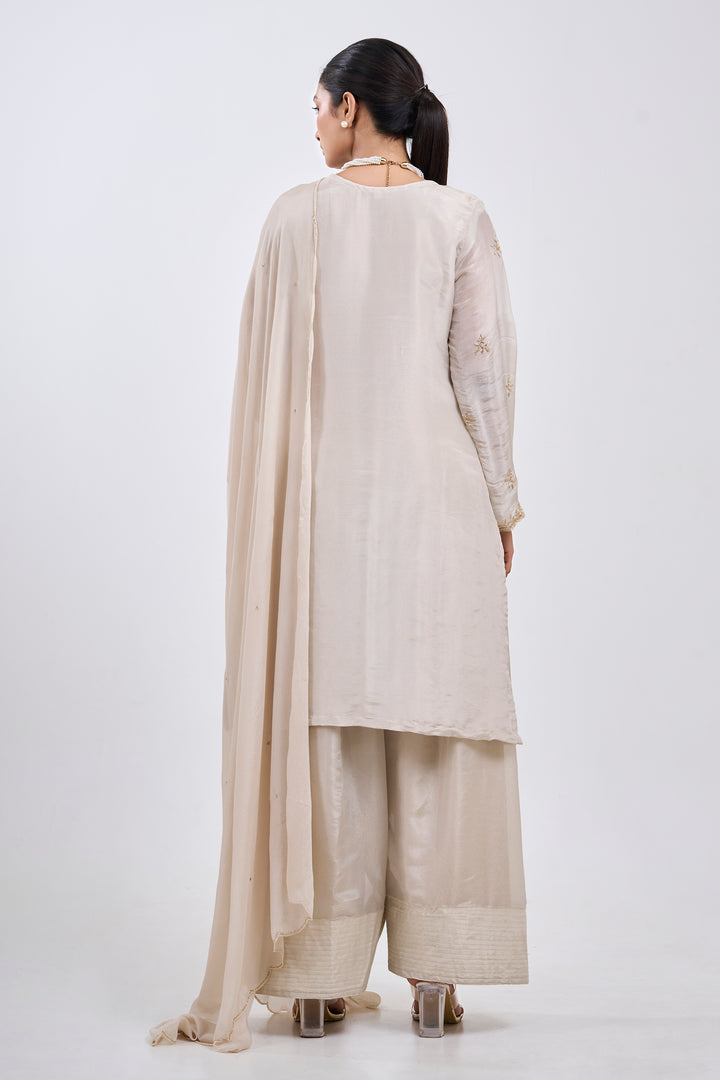 Hand Embroidered Suit Paired with Farshi Salwar - Set of 3 - Off-white