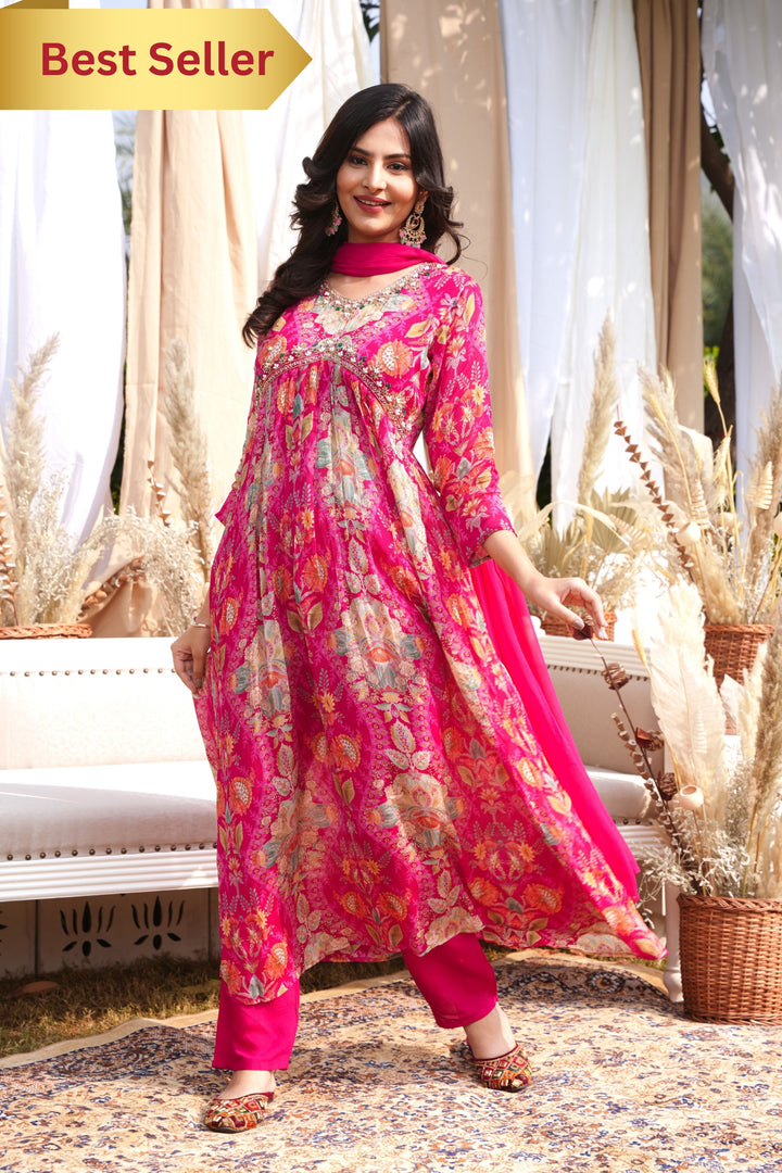 WOMEN'S FLORAL PRINTED - DABKA, DOREE, PEARL, SEQUIN & CUTDANA EMBROIDERED - PLEATED KURTA, PANT AND DUPATTA SET OF 3 - RANI PINK