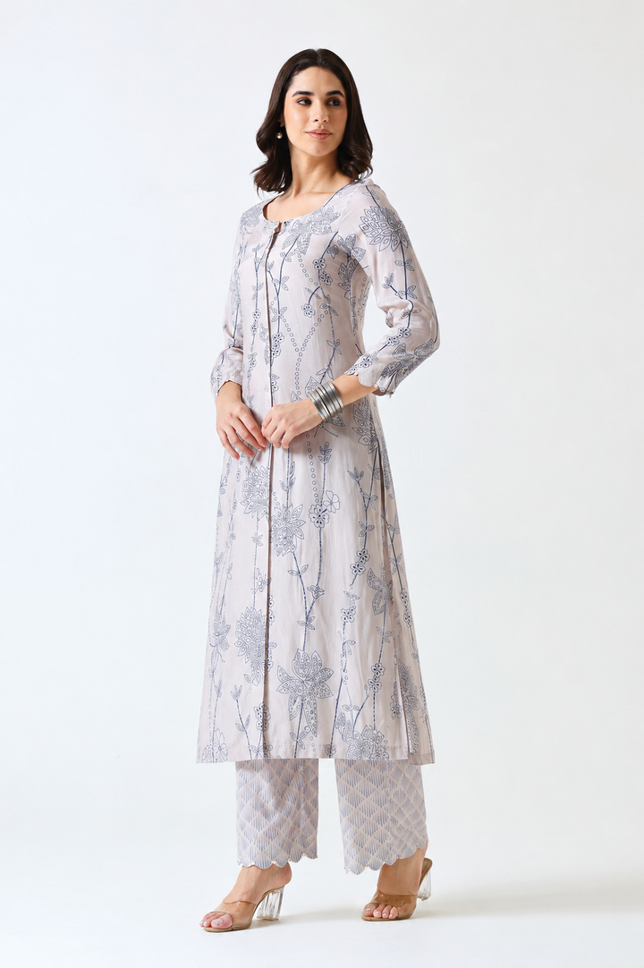 Printed Muslin Silk Kurta & Pant – Embroidered – Set of 2 – Misty Grey