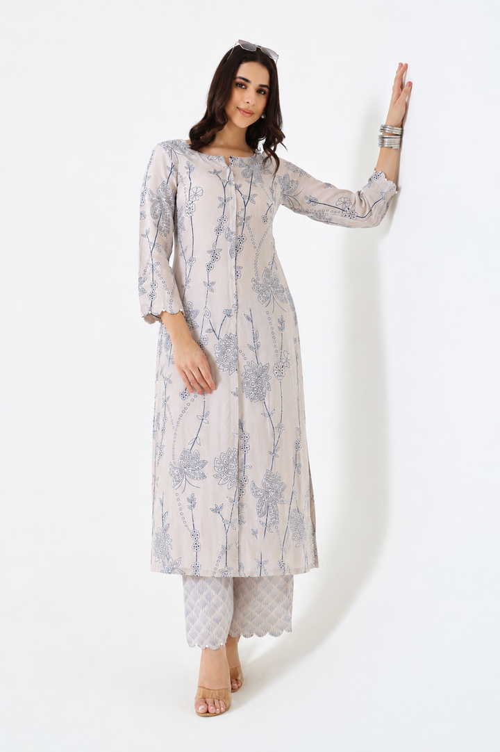 Printed Muslin Silk Kurta & Pant – Embroidered – Set of 2 – Misty Grey