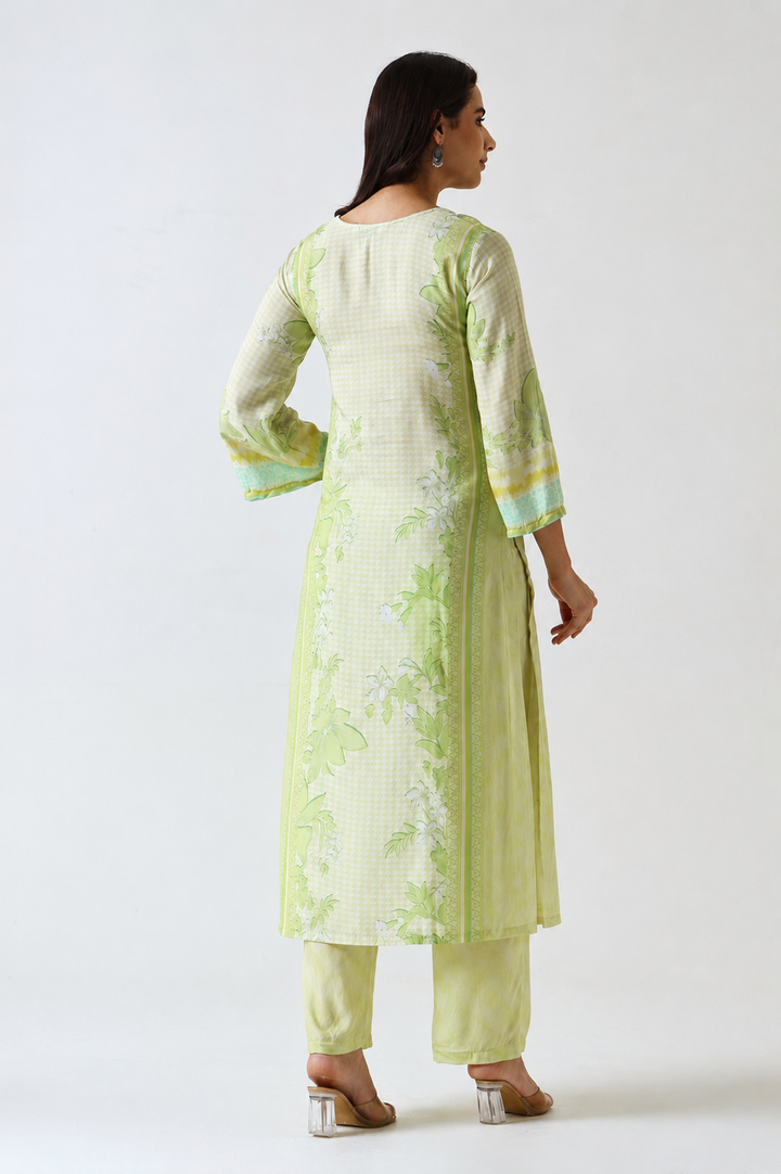 Printed Muslin Silk Kurta & Pant - Set Of 2 - Lime Green