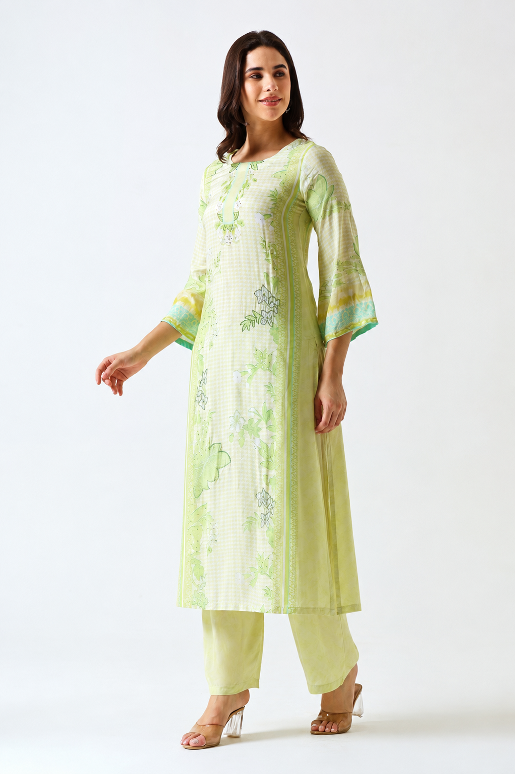 Printed Muslin Silk Kurta & Pant - Set Of 2 - Lime Green