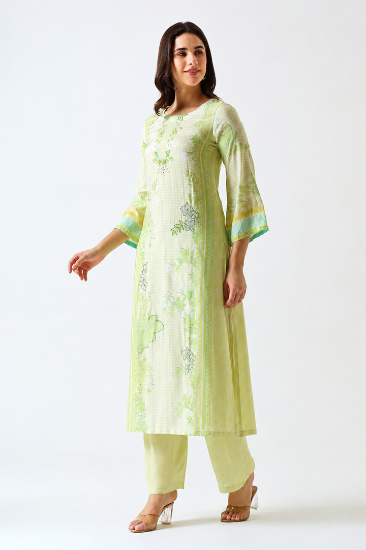 Printed Muslin Silk Kurta & Pant - Set Of 2 - Lime Green