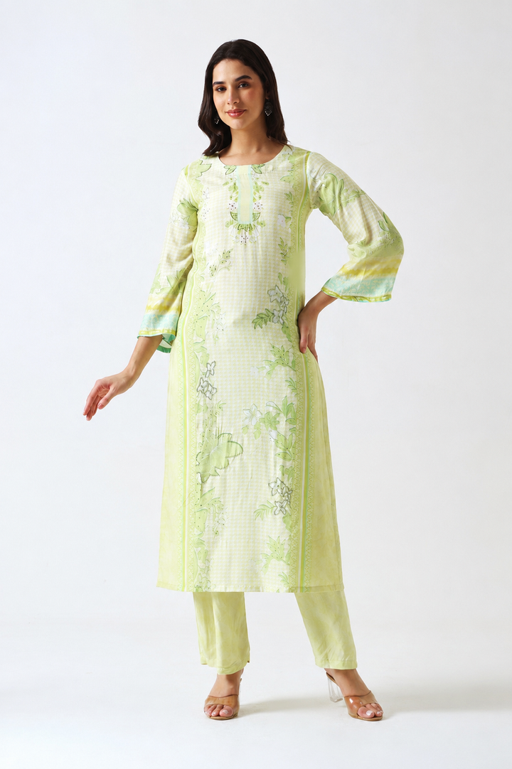 Printed Muslin Silk Kurta & Pant - Set Of 2 - Lime Green