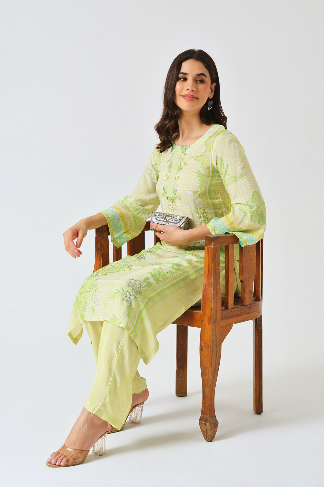 Printed Muslin Silk Kurta & Pant - Set Of 2 - Lime Green