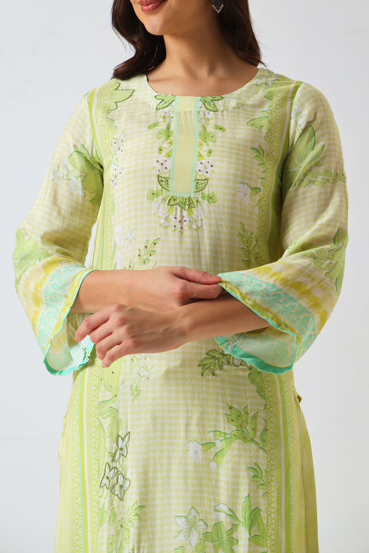 Printed Muslin Silk Kurta & Pant - Set Of 2 - Lime Green