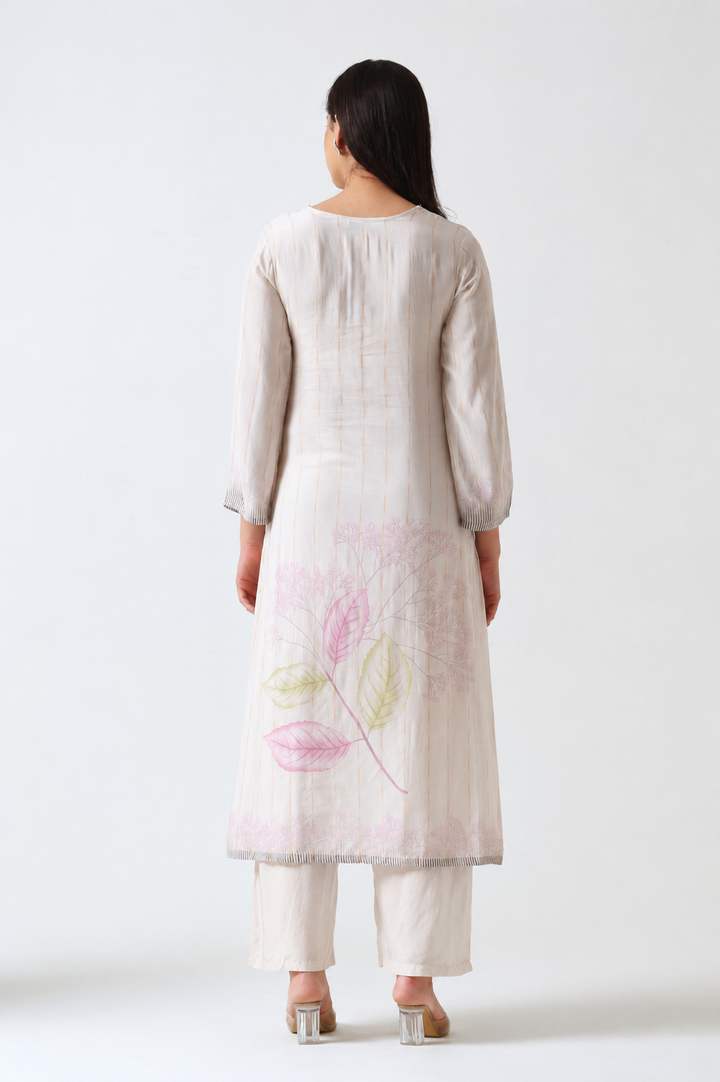 Printed Muslin Silk Kurta & Pant – Embroidered – Set of 2 – Off White