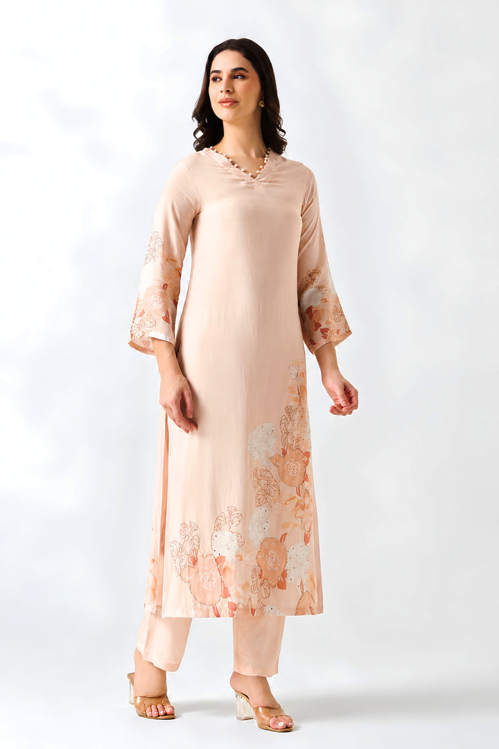 Printed Muslin Silk Kurta & Pant – Embroidered – Set of 2 – Peach