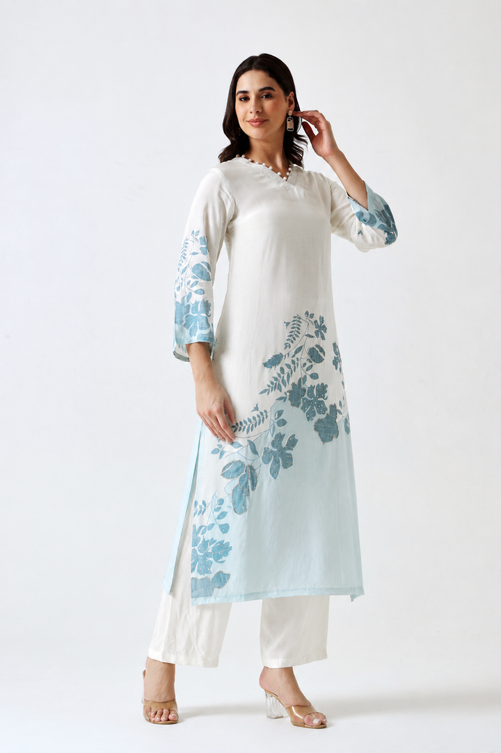 Printed Muslin Silk Kurta & Pant – Embroidered – Set of 2 – Off White
