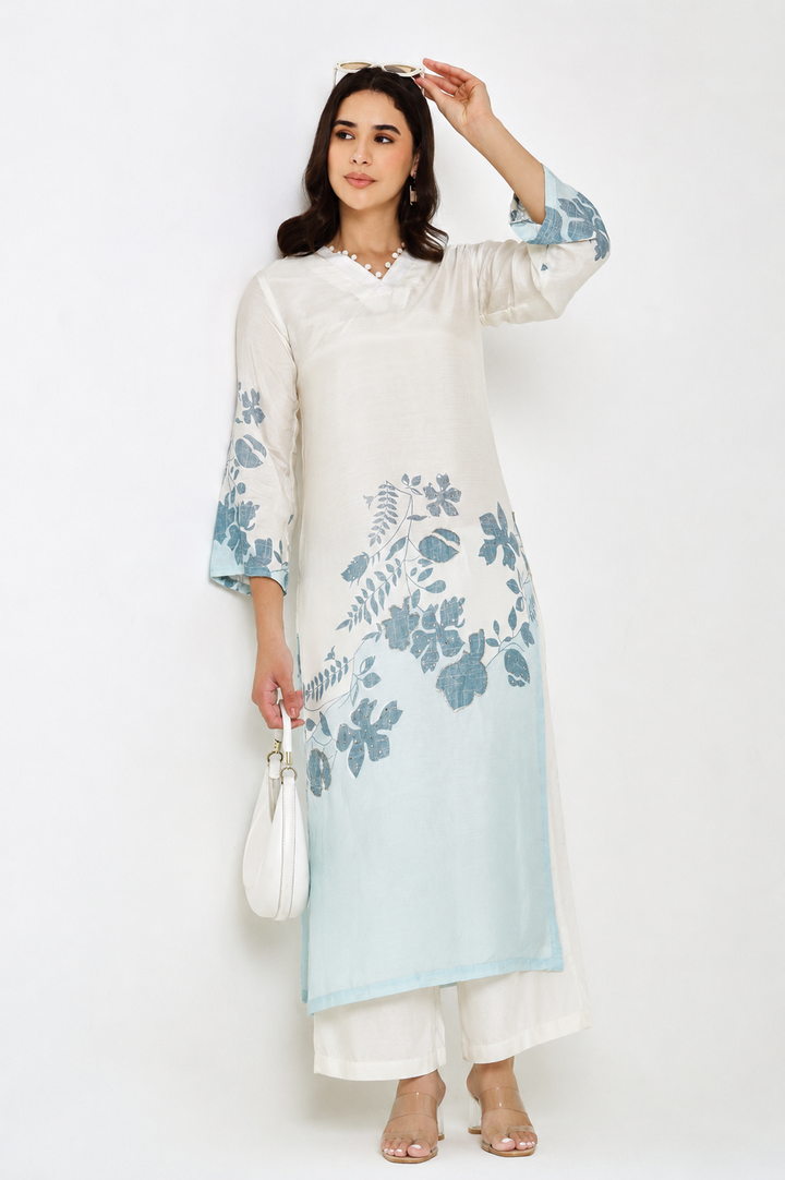 Printed Muslin Silk Kurta & Pant – Embroidered – Set of 2 – Off White