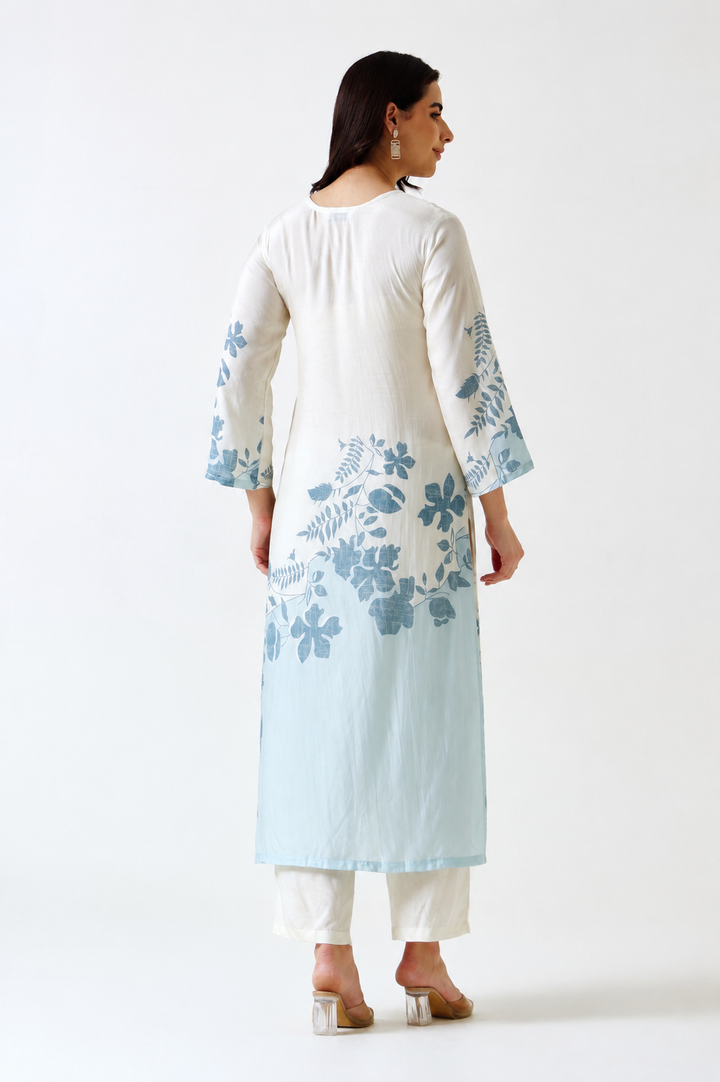 Printed Muslin Silk Kurta & Pant – Embroidered – Set of 2 – Off White