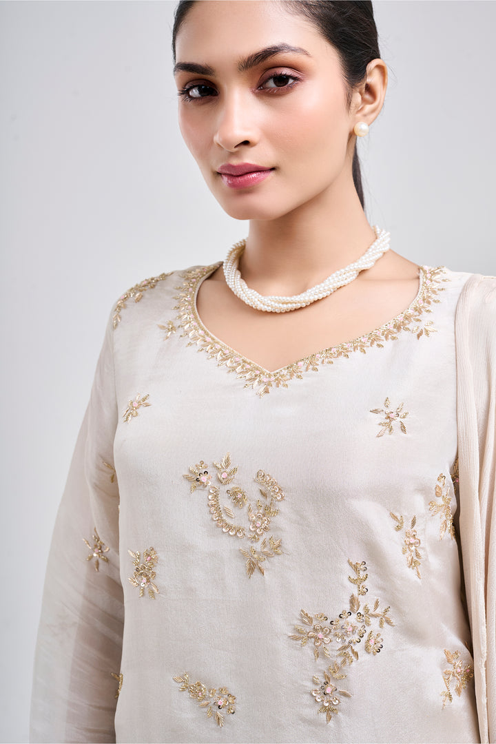 Hand Embroidered Suit Paired with Farshi Salwar - Set of 3 - Off-white