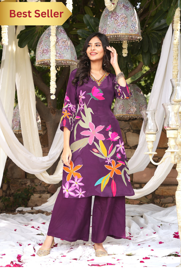 WOMEN'S FLORAL PRINTED - DABKA, DOREE, PEARL & CUTDANA EMBROIDERED - STRAIGHT KURTA, PANT SET OF 2 - PURPLE