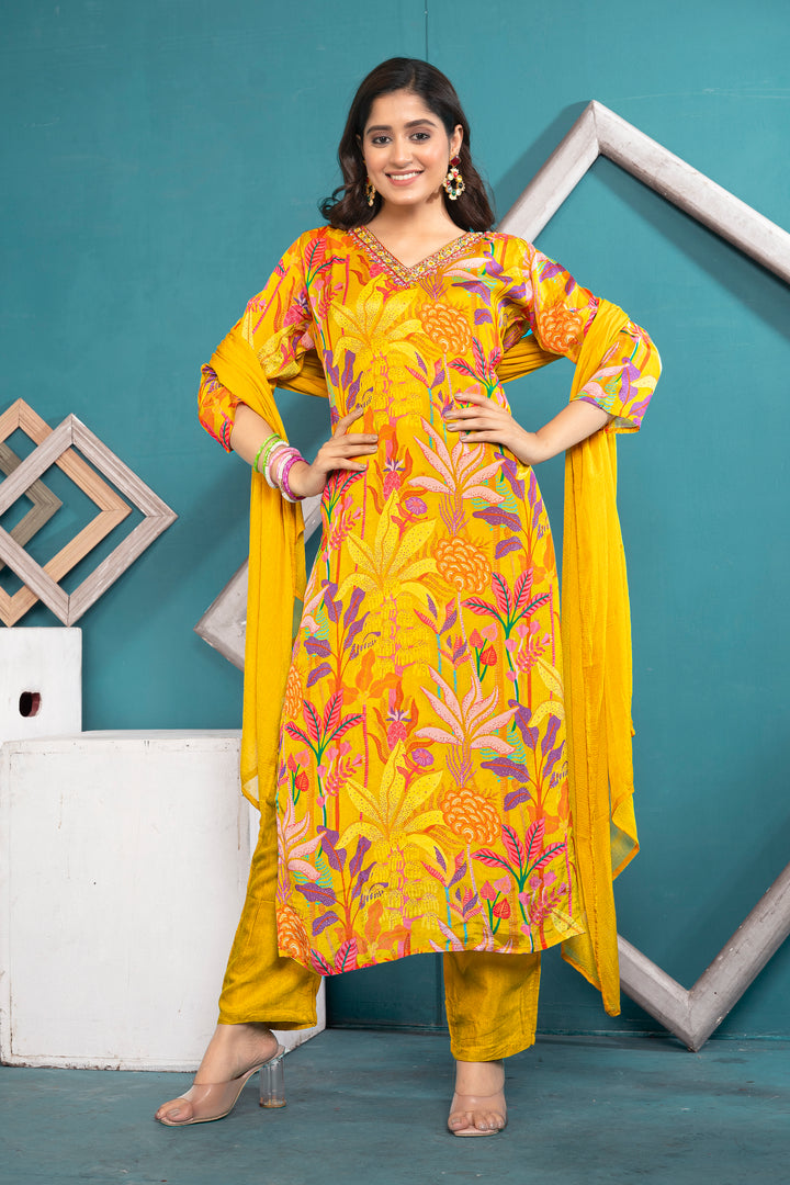 WOMEN'S FLORAL PRINTED - DABKA, DOREE & CUTDANA EMBROIDERED - STRAIGHT KURTA, PANT SET OF 3 - YELLOW