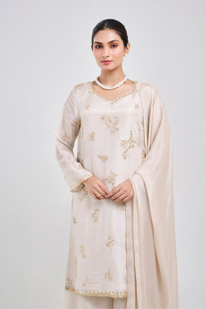 Hand Embroidered Suit Paired with Farshi Salwar - Set of 3 - Off-white