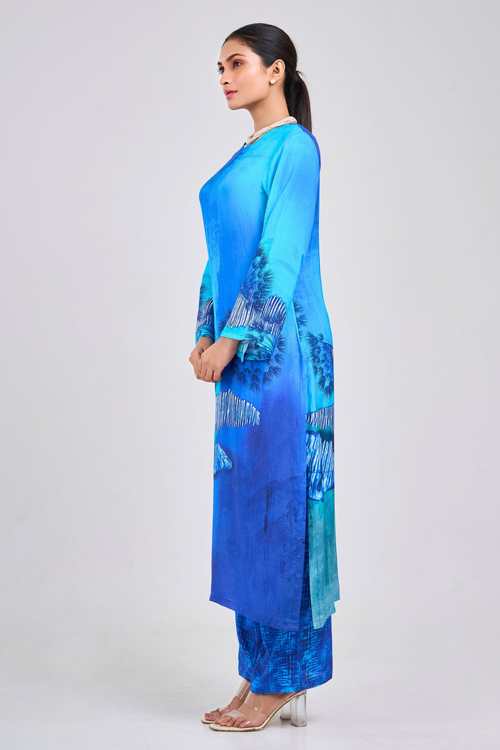 Floral Printed Kurta & Pant - Set of 2 - Blue - Muslin Silk
