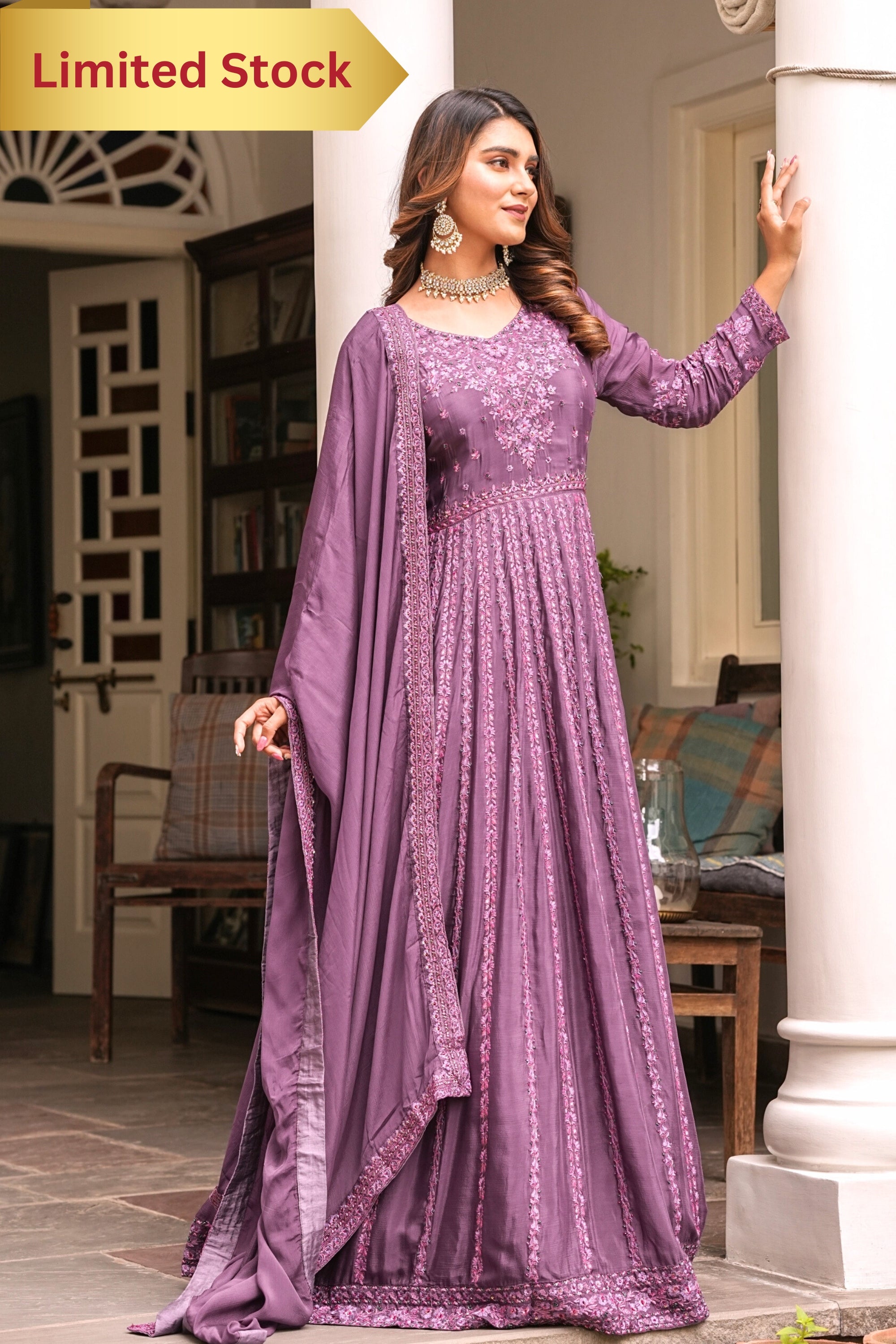 LAVENDER LONG GOWN FOR WOMEN PAIRED WITH DUPATTA EMBROIDERED WITH RESHAM HANDWORK SET OF 2