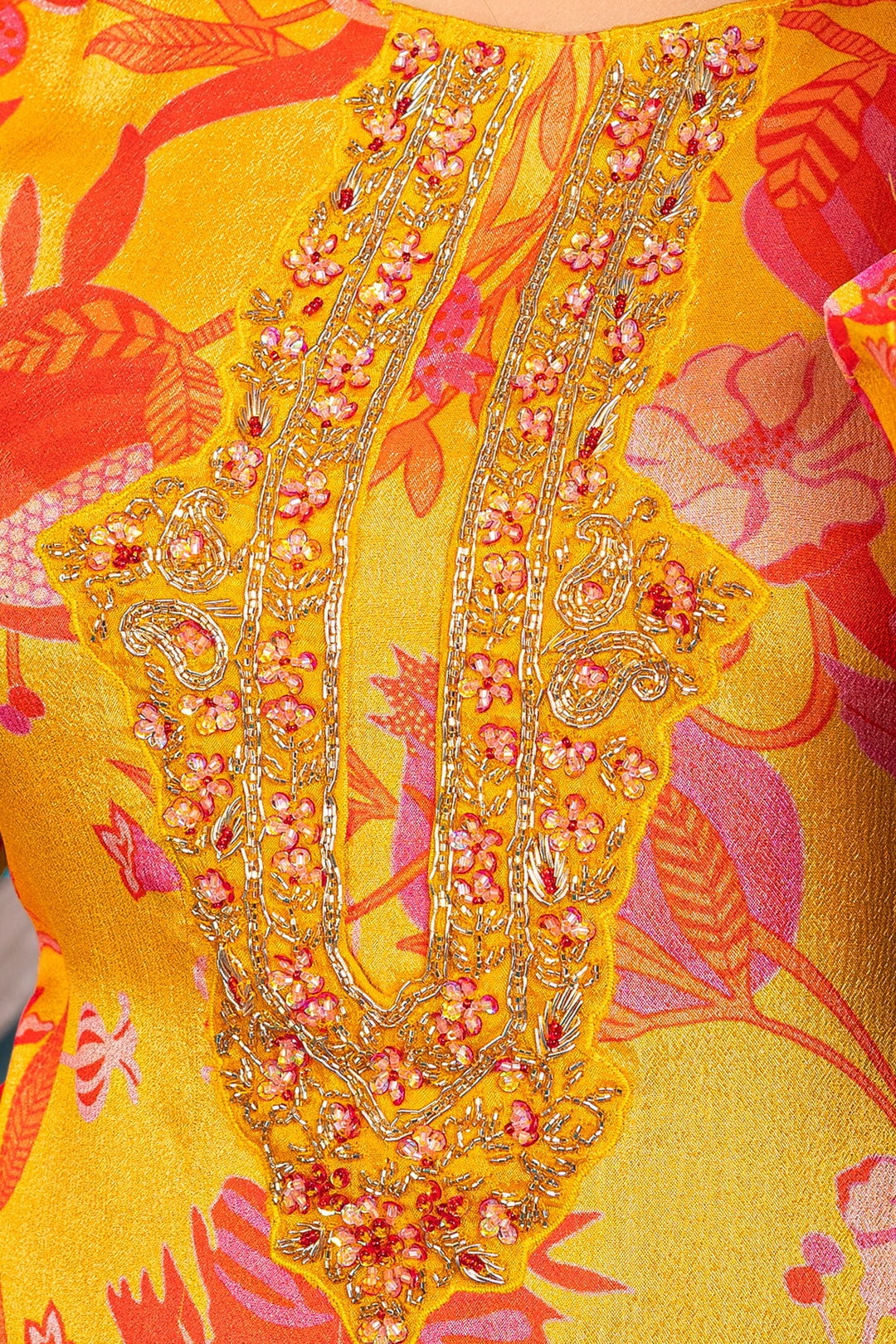 WOMEN'S FLORAL PRINTED - DABKA, DOREE, SEQUIN & CUTDANA EMBROIDERED - KURTA & PANT SET OF 2 - YELLOW