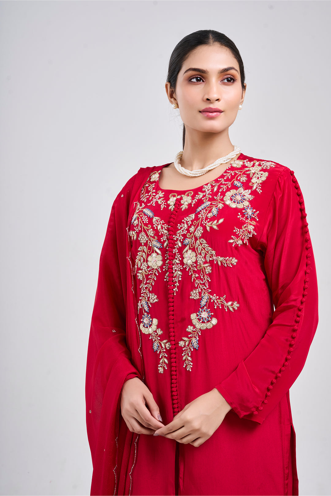 Hand Embroidered Suit Paired with Farshi Salwar - Set of 3 - Red