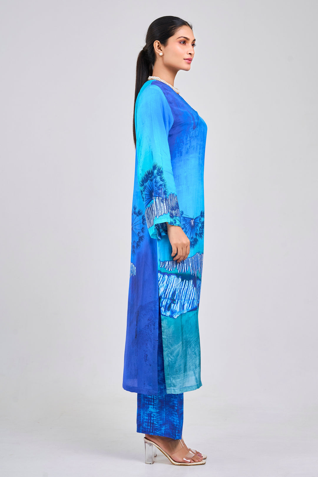 Floral Printed Kurta & Pant - Set of 2 - Blue - Muslin Silk