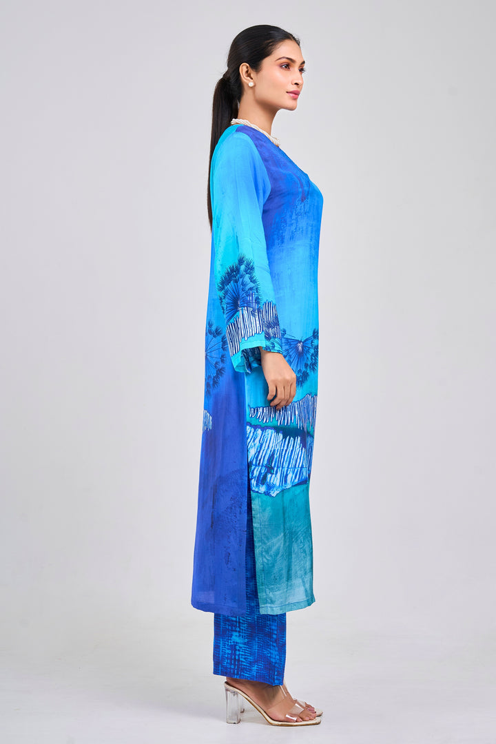 Floral Printed Kurta & Pant - Set of 2 - Blue - Muslin Silk