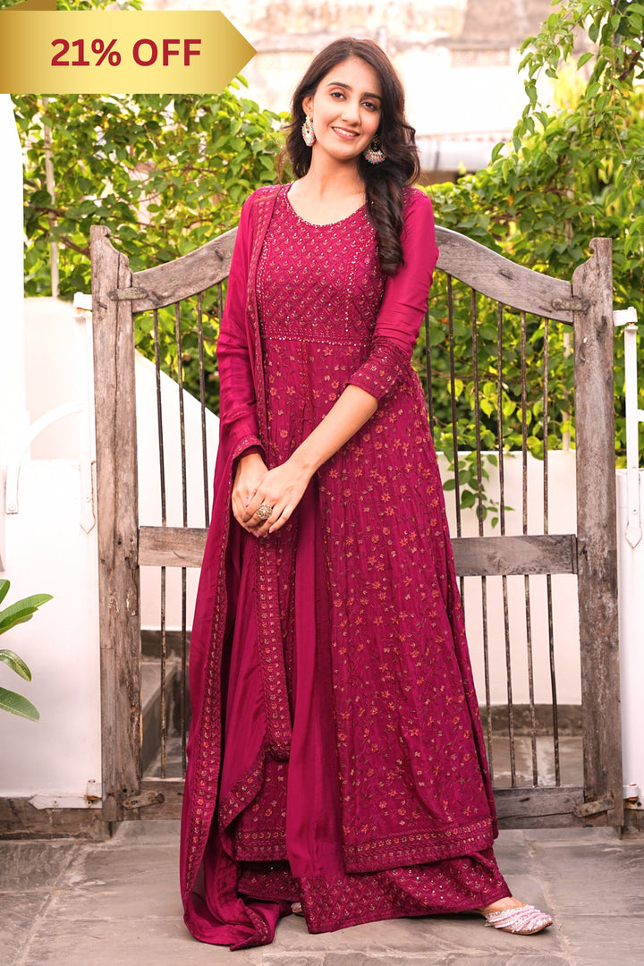 MAROON INDO-WESTERN FRONT SLIT GOWN FOR WOMEN- PAIRED WITH LEHENGA & DUPATTA - EMBROIDERED WITH RESHAM & HANDWORK - SET OF 3