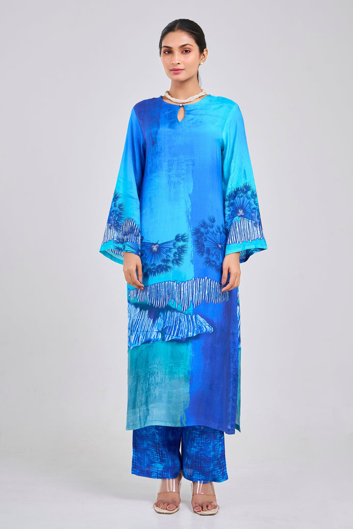 Floral Printed Kurta & Pant - Set of 2 - Blue - Muslin Silk