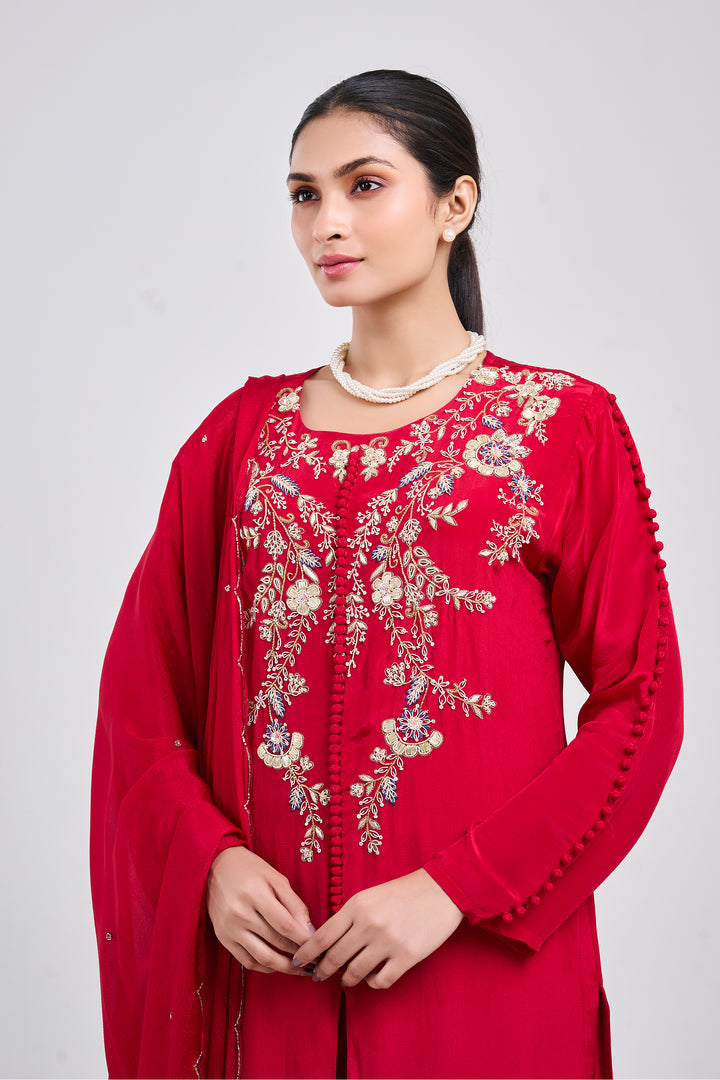 Hand Embroidered Suit Paired with Farshi Salwar - Set of 3 - Red