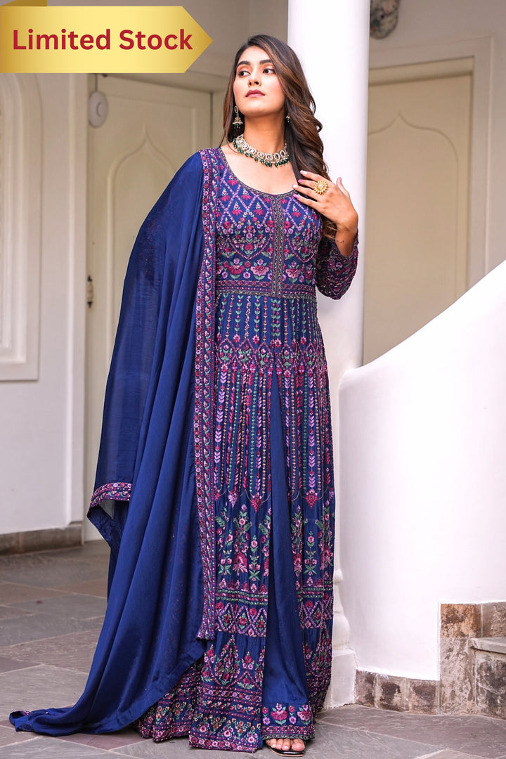 BLUE INDO-WESTERN FRONT SLIT GOWN FOR WOMEN- PAIRED WITH LEHENGA & DUPATTA - EMBROIDERED WITH RESHAM & HANDWORK - SET OF 3