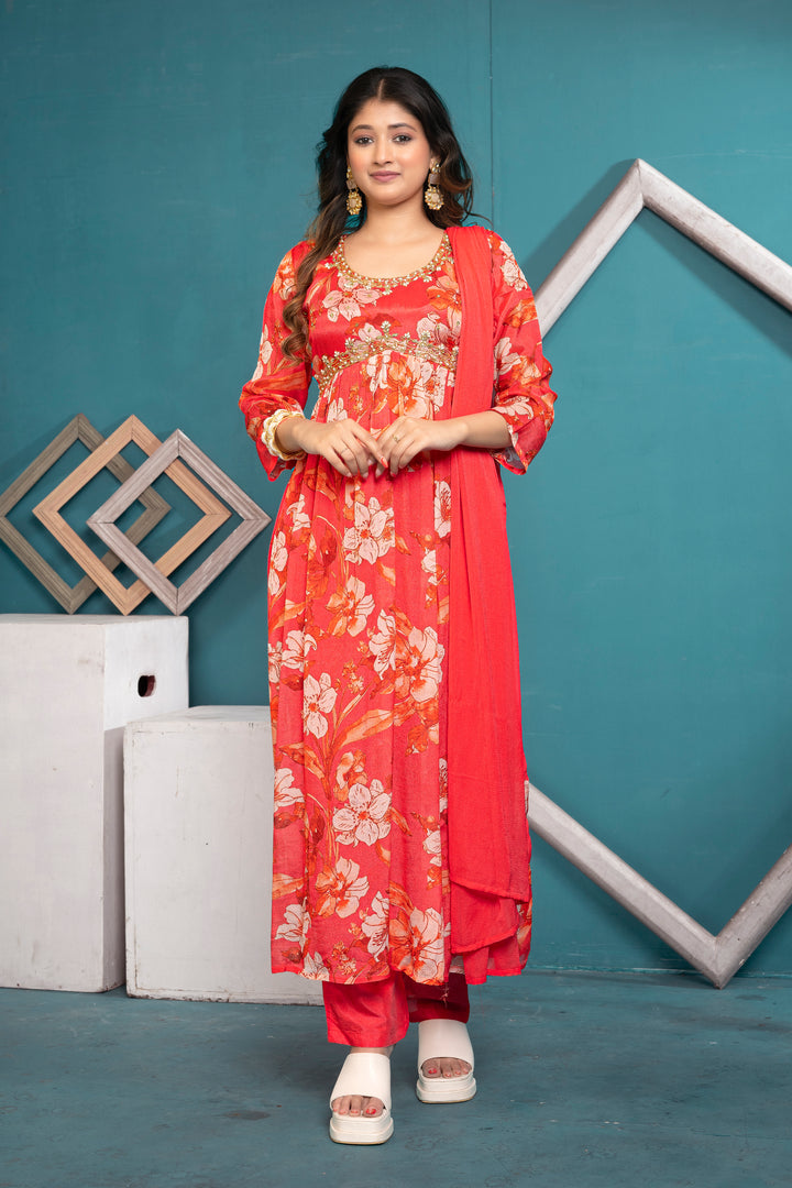 WOMEN'S FLORAL PRINTED - DABKA, DOREE, PEARL, SEQUIN & CUTDANA EMBROIDERED - PLEATED KURTA, PANT AND DUPATTA SET OF 3 - RED