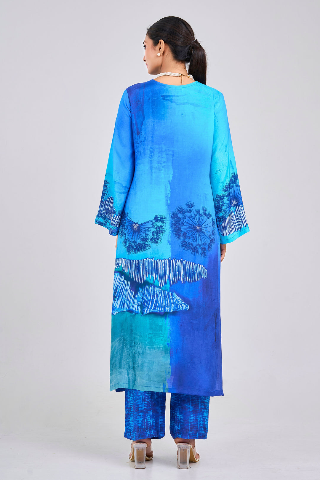 Floral Printed Kurta & Pant - Set of 2 - Blue - Muslin Silk