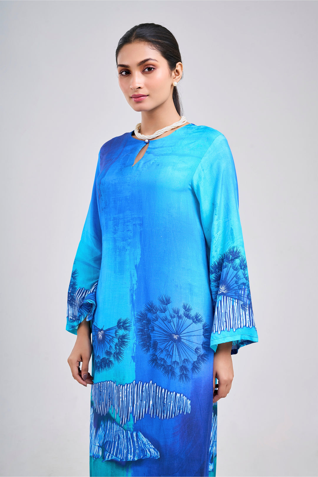 Floral Printed Kurta & Pant - Set of 2 - Blue - Muslin Silk