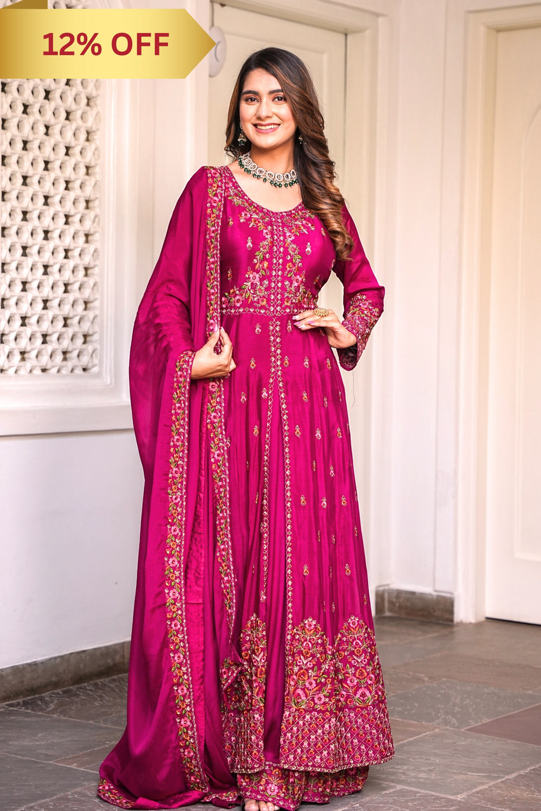 MAROON INDO-WESTERN FRONT SLIT GOWN FOR WOMEN- PAIRED WITH LEHENGA & DUPATTA - EMBROIDERED WITH RESHAM & HANDWORK - SET OF 3