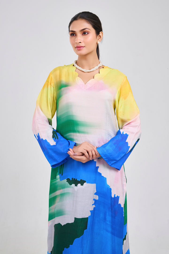 Printed Kurta & Pant - Set of 2 - Multi Colour - Muslin Silk