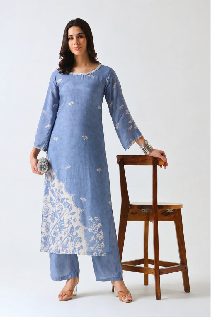 Printed Muslin Silk Kurta & Pant – Pearl Embellished – Set of 2 – Blue