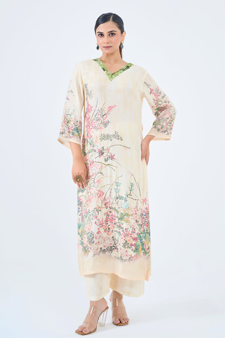 Printed Muslin Silk Kurta &amp; Pant Set - Hand Embroidered – Off White