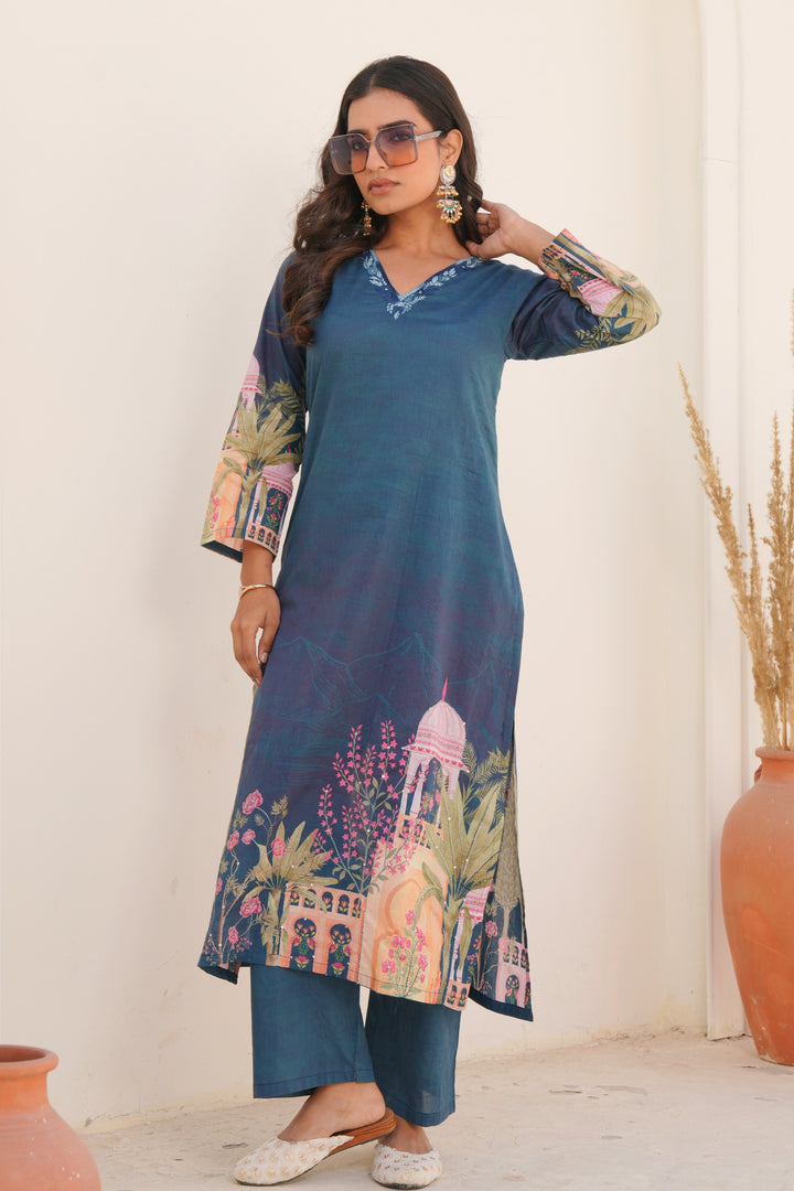 Printed Cotton Kurta & Pant - Hand Embroidered - Set of 2 - Blue