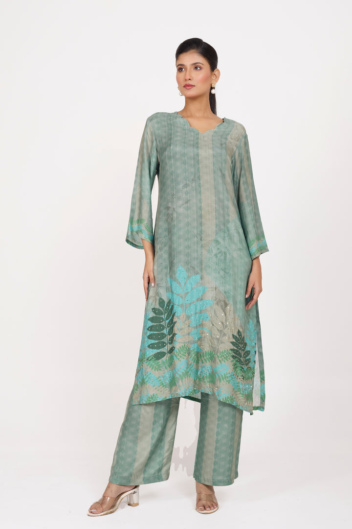 Printed Kurta & Pant - Hand Embroidered - Set of 2 - Dusty Green - Muslin Silk