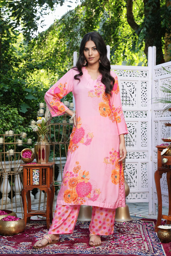 Floral Printed Kurta & Pant - Hand Embroidered - Set of 2 - Baby Pink